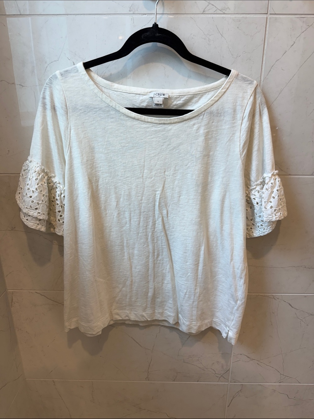 J. Crew White Cotton Tee with Eyelet Ruffle Sleeves